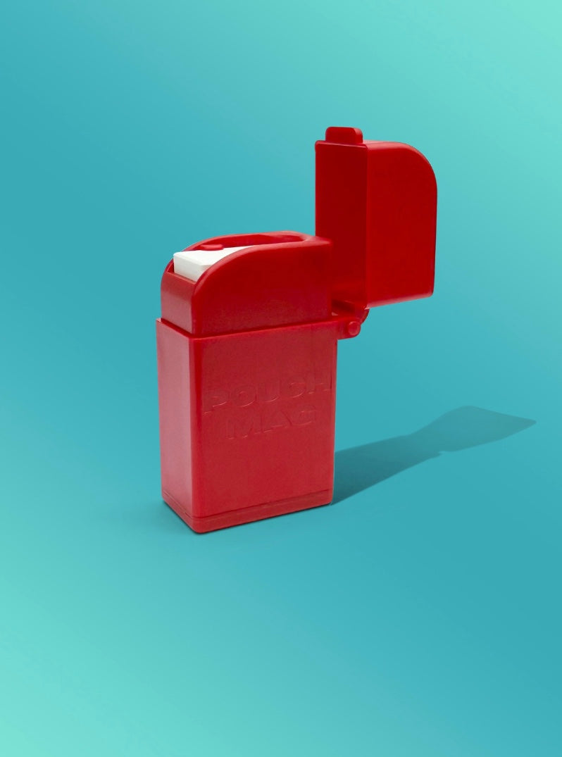 Pouch Mag- Limited Red and White Zyn container / dispenser, lid open isometric side view.