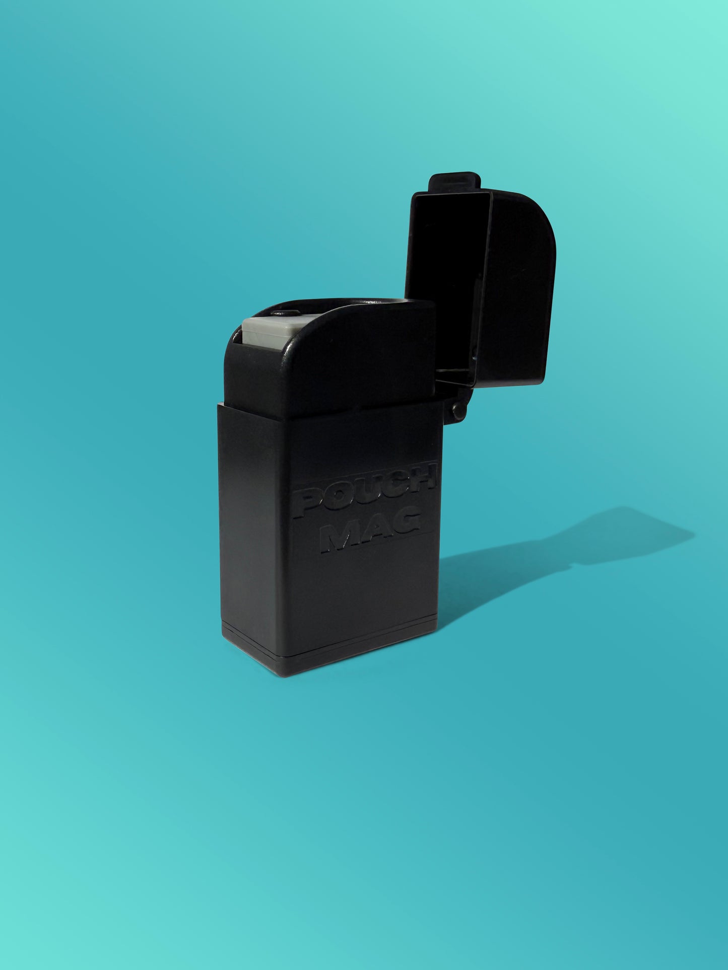 Pouch Mag- Stealth Zyn container/dispenser, lid open isometric side view. 
